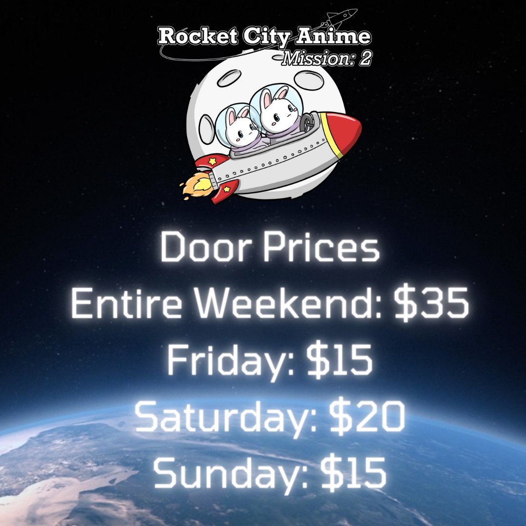 rocketcityanime's tweet photo. Hey everyone, Here are our door prices for the convention which is coming up soon. We hope to see all of you there!

Door Prices
Entire Weekend: $35
Friday: $15
Saturday: $20
Sunday: $15
#Huntsville #animeconvention #animecon #rocketcity https://t.co/9hV4ekZ8rj