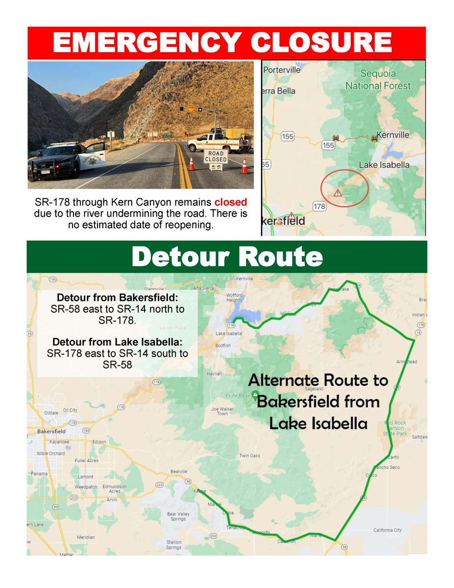 Isabella Lake travel detour due to Highway 178 closure According to CHP, the recommended detour from Bakersfield to Lake Isabella is Highway 58 to Highway 14 to Highway 178. For additional information visit Road Conditions (ca.gov) or call 1-800-427-7623.