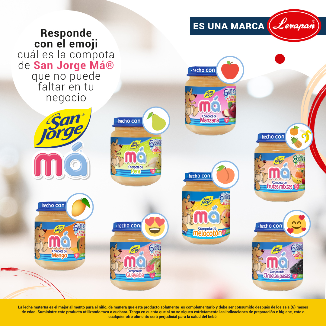 LevapanSA's tweet photo. Queremos saber cuál es la presentación de San Jorge Má® favorita de tus clientes. 🥄😋 ¿Nos ayudas a descubrirlo con tu emoji?
#Levapan #ProductosLevapan #SanJorgeMá #Maternidad #AlimentaciónInfantil https://t.co/d6oyd5IXgX