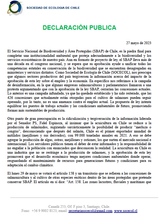 <a href="/iallendebussi/">Isabel Allende Bussi</a> <a href="/adeurresti/">Alfonso De Urresti</a> <a href="/ivanmoreirab/">Iván Moreira Barros</a> <a href="/DiputadoMelo/">Equipo Daniel Melo</a> @senadorLatorre <a href="/matiaswalkerp/">Matías Walker Prieto</a> <a href="/paulinanu/">Paulina NuñezUrrutia</a> <a href="/sergiogahona/">Sergio Gahona</a> <a href="/Felixecologista/">Félix González</a> <a href="/mariseka/">Marisela Santibáñez Novoa</a> 
(1/n) La directiva de la Sociedad de Ecología de Chile (SOCECOL), la cual agrupa a cientos de científicos nacionales, declaramos que: