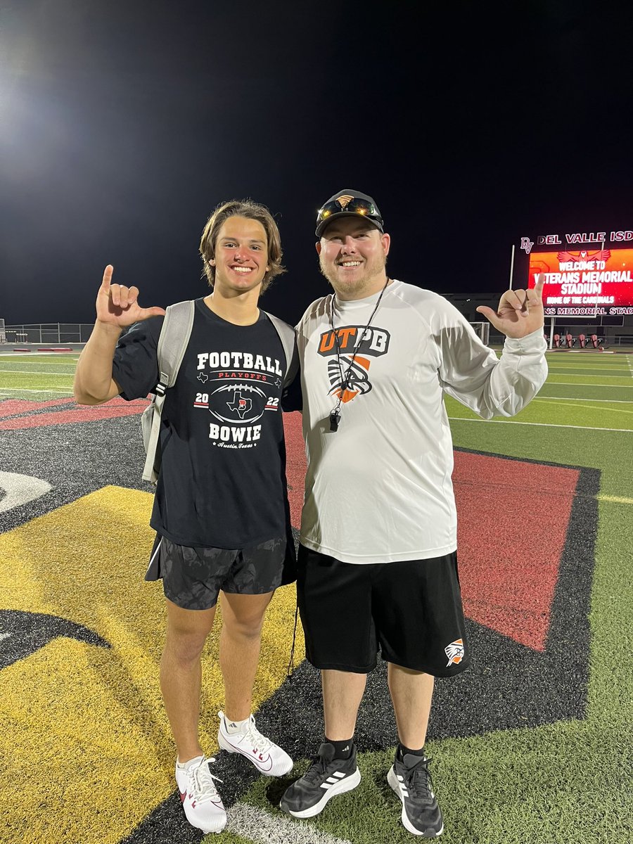 #AGTG After a great camp and talk with @CoachK__Mac I am blessed and honored to receive my first offer from UTPB!🟠⚪️⚫️ #FALCONSUP #1AND0BROTHERHOOD @bowie_football @BowieDawgs