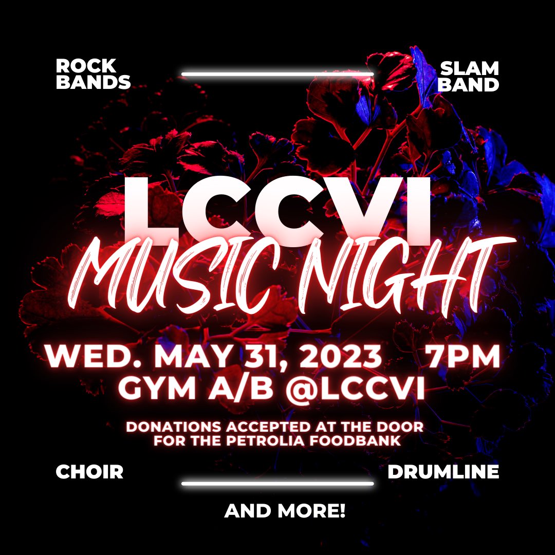 ⚡️THIS WEDNESDAY, the <a href="/LCCVIMusic/">LCCVIMusic</a> Crew proudly presents their Spring Music Night in Gym A/B at LCCVI at 7pm! Hear the Drumline, Choir, Slam Band, Red &amp; White and Silver Rock Bands, and more! Donations will be accepted at the door for the Petrolia Foodbank! ⚡️🎵 <a href="/LCCVIInfo/">LCCVI Info</a> <a href="/LKDSB/">Lambton Kent DSB</a>