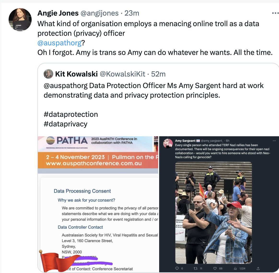 amy_sargeant_'s tweet image. Disgraced bigots Angie and Kit are now harassing a staff member at AusPATH because she has the same name as me. If only they’d double checked their spelling, our last names are spelled differently! 
I’m sure Angie and Kit will issue apologies to myself and AusPATH Amy promptly.