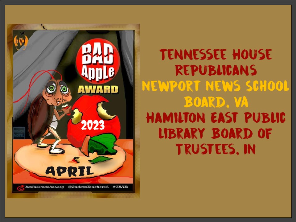 The Bad Apple Award is for the worst of the worst. Take a look at why they were chosen: 
facebook.com/BadassTeachers… #TBATs <a href="/iowabats/">Iowa BATs</a> <a href="/IndianaBATs/">INBATs</a> <a href="/MissouriBATs/">Missouri BATs</a> <a href="/LouisianaBATs/">Louisiana</a> <a href="/ArkansasBATsA/">ArkansasBATs</a> <a href="/MNBATs1/">MN Badass Teachers</a> <a href="/Wisconsin_BATs/">Wisconsin BATs</a> <a href="/MIBATS/">Michigan BATS</a>