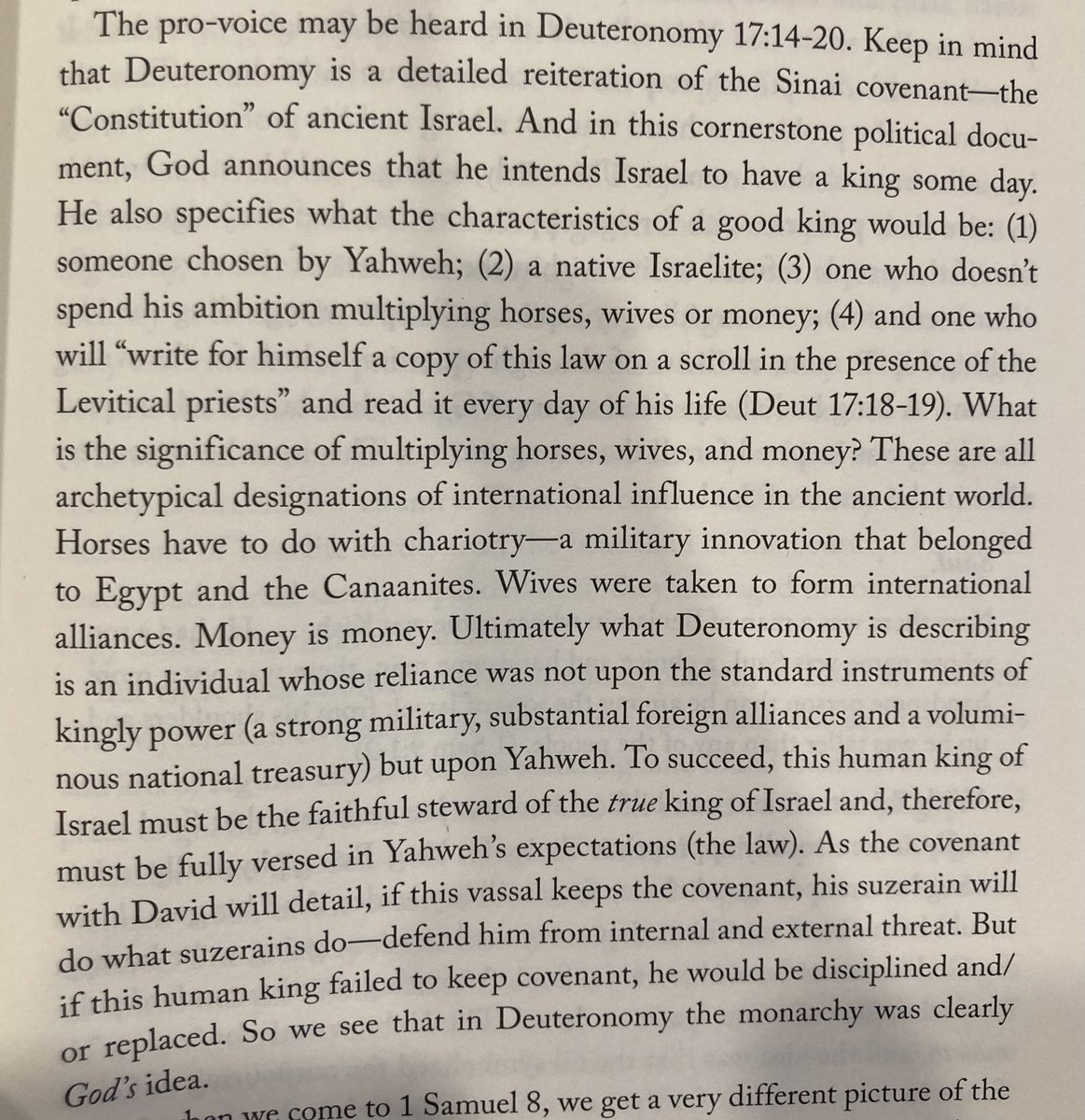 Ultimately what Deuteronomy is describing is an individual whose reliance was not upon the standard instruments of kingly power, but upon Yahweh. To succeed, this human king of Israel must be the faithful steward of the true king of Israel.