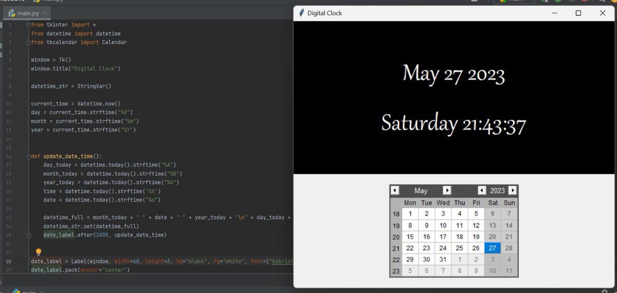 Day 44✅
Digital Clock & Calendar..
#100DaysOfCode
#tkinter #100daysofcode #python