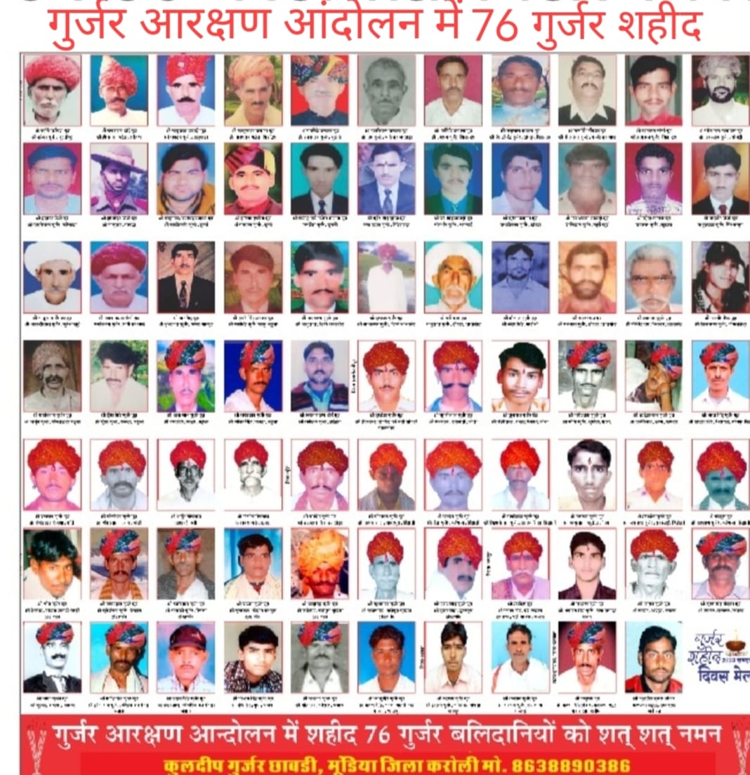 समाज हित में अपने हक और अधिकारों के लिए संघर्ष करते हुए प्रथम सामाजिक क्रांति में 29 मई 2007 को गुर्जर आरक्षण आंदोलन पाटोली –पीपलखेडा और बूंदी मे शहीद हुए वीर सपूतों को शत् शत् नमन् एवं भावपूर्ण श्रद्धांजलि अर्पित करता हूं। 
सभी गुर्जर शहीद अमर रहें।।  
नमन वीर अमर शहीदों को।