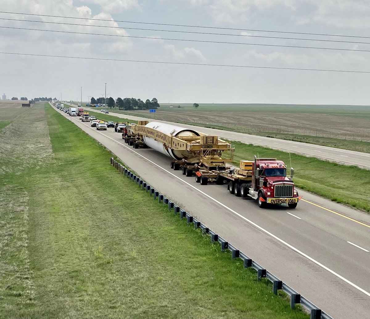 A look at the 2 SpaceX super-loads on Kansas highways. Top speeds of 45 mph and these are 16’ wide, 300’ long and 600,000 pound structures.  Tomorrow they will travel south from Oakley on U83 and will eventually leave Kansas near Elkhart. 

Not sure when they leave tomorrow.