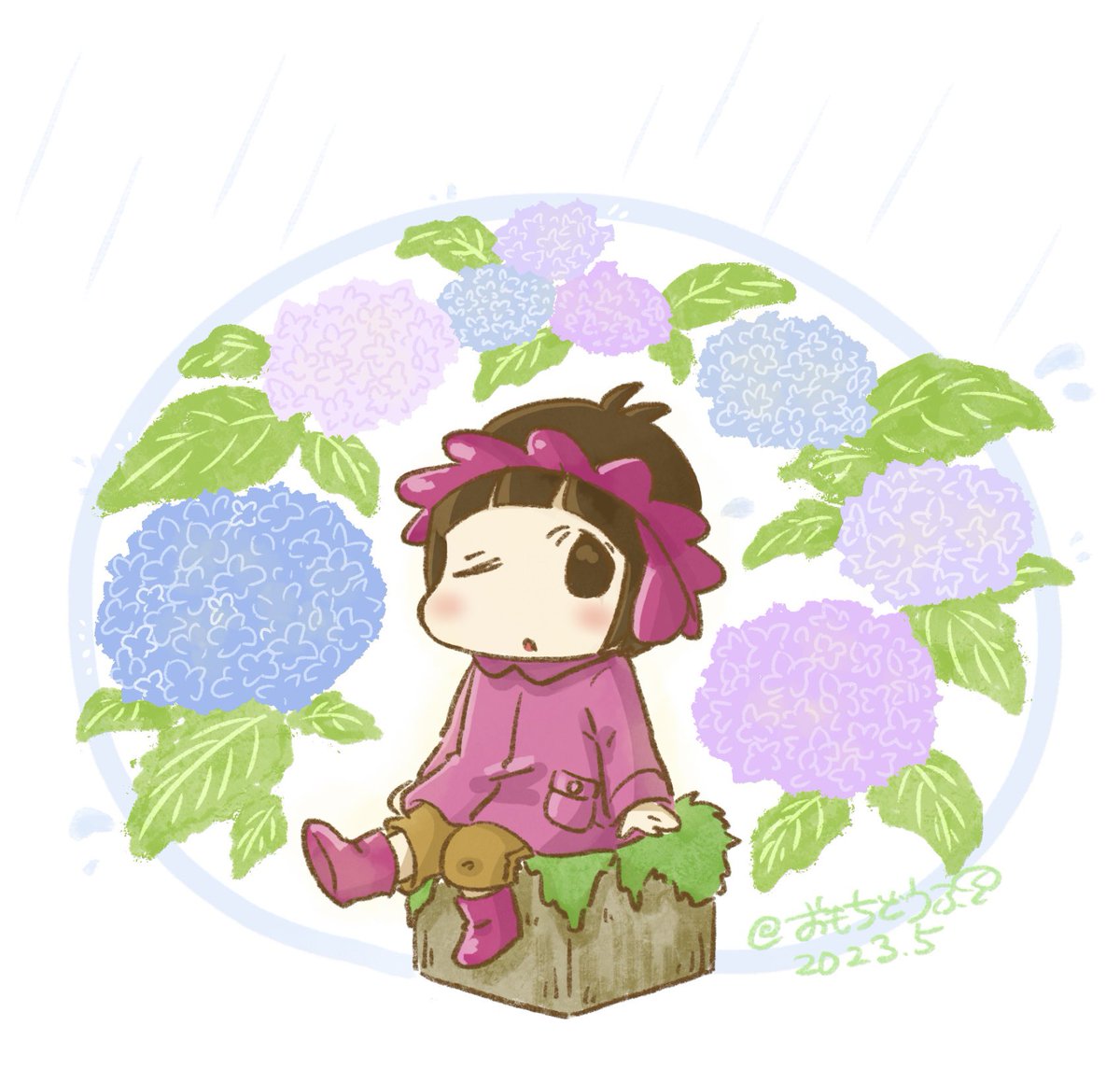 「雨降りの紫陽花おさんぽ 今日はひなみちゃんの頭にも大きなお花が咲きましたよ (*」|おもちどうふ&ひなみちゃん(*´-`)🍠♨️今日もほのぼの🍵♨️のイラスト