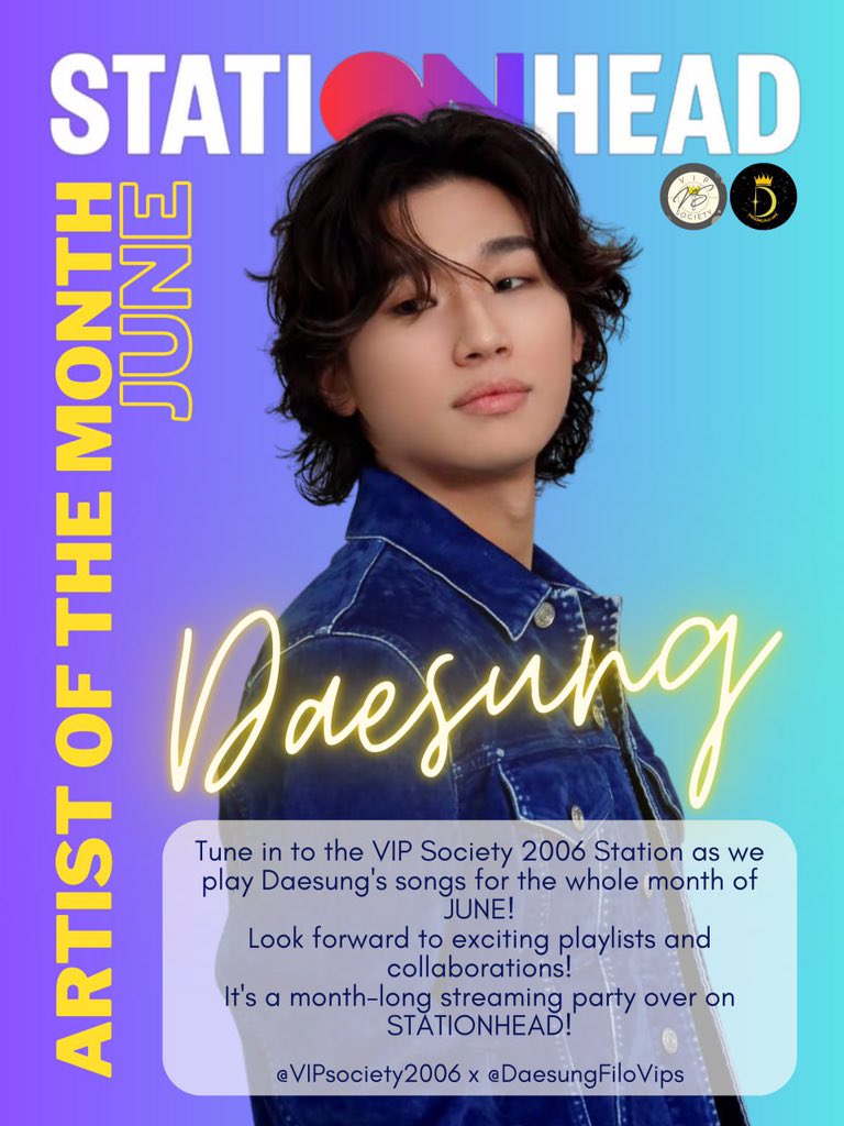 VIPsociety2006's tweet photo. [ VS : STATIONHEAD 😇 ]
VIPs ITS OF OUR GREAT PRIDE TO ANNOUNCE THE FEATURE #BIGBANG ARTIST FOR THE MONTH OF JUNE @STATIONHEAD 🎧💛

LET US WELCOME OUR #DAESUNG @d_lable 👏👏👏🎉🥳😇 #빅뱅 #대성 @RNDCOMPANY 

ALL DAY, EVERYDAY FOR THE WHOLE MONTH OF JUNE WILL BE DLITE FOCUS PLAYLIST AND OF COURSE THERE’s BIGBANG TOO🎧😇💛🎉🥳

STAY TUNED FOR MORE UPDATES & PROJECTS FOR OUR ARTIST OF THE MONTH!! 😇💛👑

IN COLLABORATION WITH @DaesungFiloVips 🙏💛