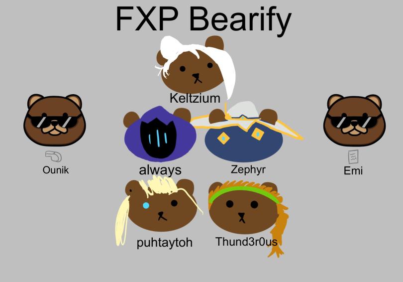 📣 ROSTER UPDAAAATE!

FXP Bearify would like to welcome Zephyr and Thund3r0us to finalize our roster!

🧸 <a href="/cciscray/">cc</a>
🧸 <a href="/puhtaytoh_/">c ☁️</a>
🧸 <a href="/keltzium/">Keltzium</a>
🧸 <a href="/SarianAlik/">Zephyr</a>
🧸 <a href="/ImThund3r0us/">Nickツ</a> 

Coach: <a href="/CoachOunik/">Justin Reid</a> 
Manager: <a href="/mimigobye/">emi</a> 

<a href="/FXP_Esports/">FXP Esports</a> || #FXPWIN