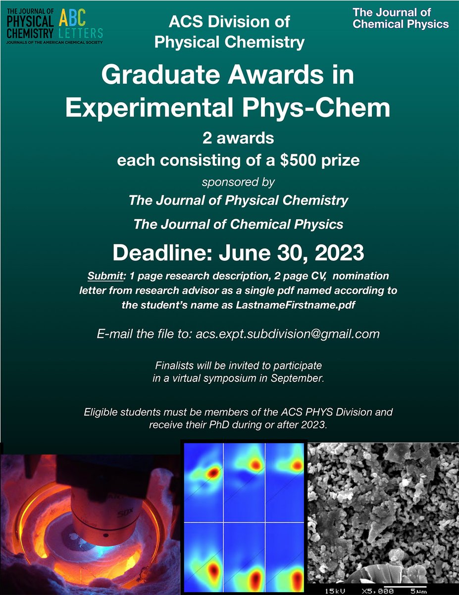 ACS Physical Chemical Division (@acsphysdivision) on Twitter photo 📢The Submission Window is Open for the PHYS Graduate Awards in Theoretical Chemistry and Experimental Physical Chemistry. Sponsors: <a href="/JPhysChem/">The Journal of Physical Chemistry</a> and <a href="/JChemPhys/">The Journal of Chemical Physics</a> #ChemistryAwards
⏰Deadline: 6/30/2023! More info at bit.ly/PHYSgraduateAw… 📢The Submission Window is Open for the PHYS Graduate Awards in Theoretical Chemistry and Experimental Physical Chemistry. Sponsors: <a href="/JPhysChem/">The Journal of Physical Chemistry</a> and <a href="/JChemPhys/">The Journal of Chemical Physics</a> #ChemistryAwards
⏰Deadline: 6/30/2023! More info at bit.ly/PHYSgraduateAw…