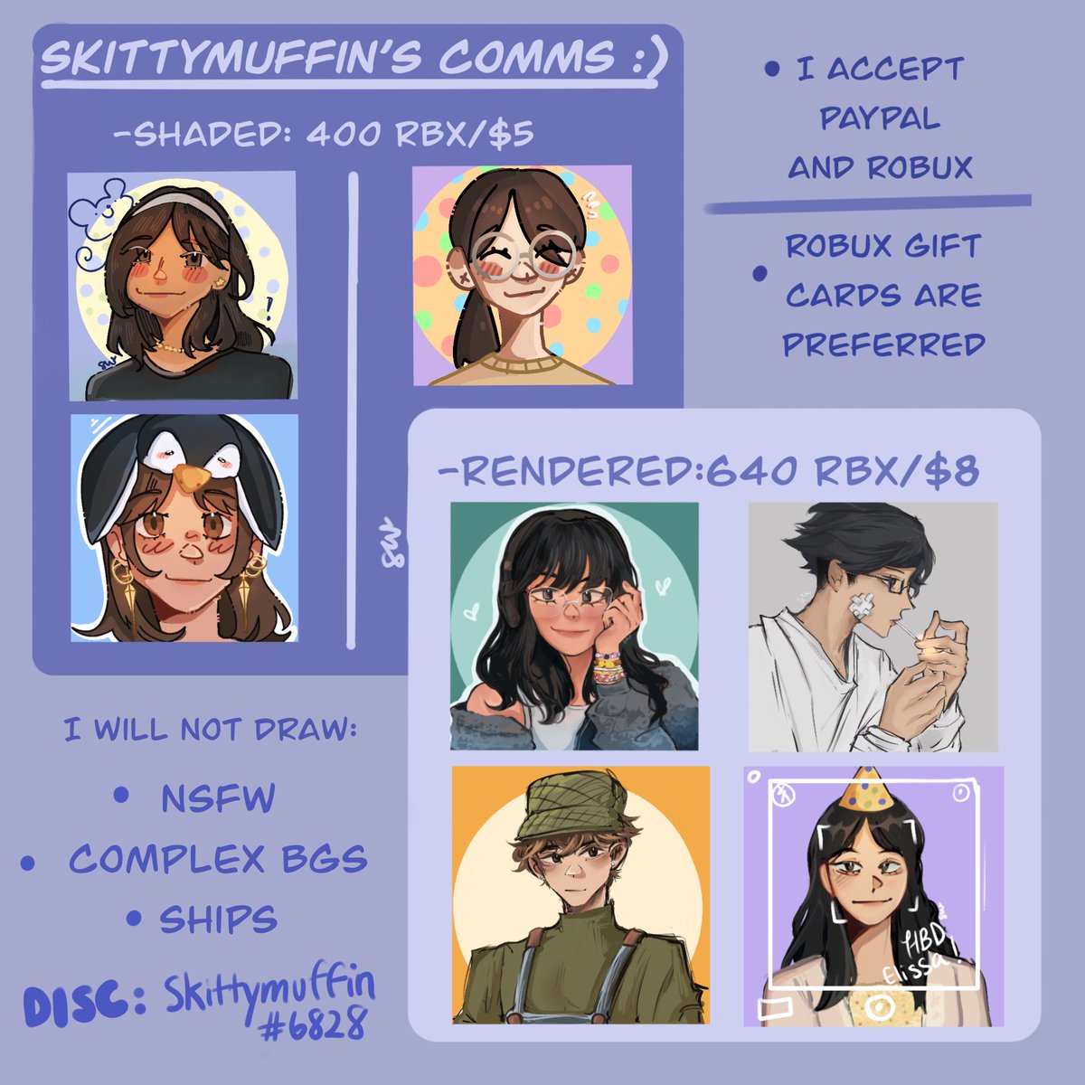 SKittymuffin's tweet photo. My commission board :) #robuxcommission #commissionart #commissionboard #robloxcommission #art #digitalart https://t.co/w5QPX9eq0z