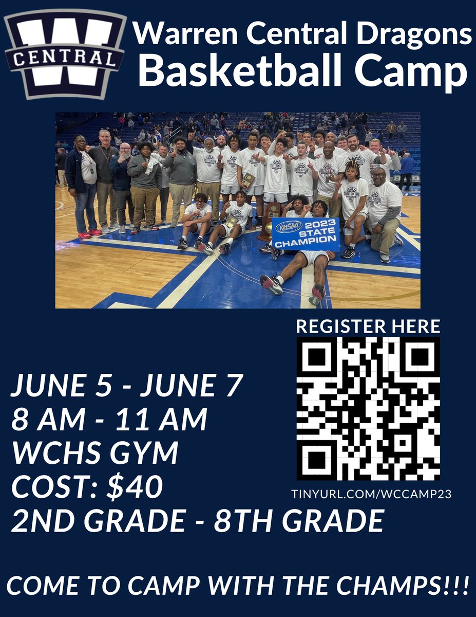 Don't forget to register for the Warren Central Dragons Basketball Camp at Dragon Gym. Use the QR code below or go to tinyurl.com/wccamp23 to register today! Come to camp with the CHAMPS!
<a href="/DubCHoops/">Dragon Basketball</a>