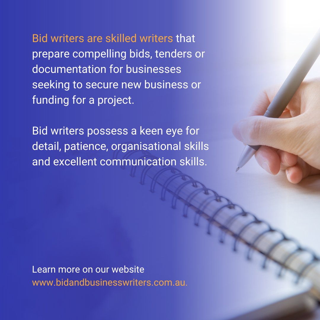 AWBWriters's tweet image. Do you need support with preparing documents? Specifically, those used to request contracts to provide services or apply for funding? If so, you need a #bidwriter.

Learn more on what bid writers do by visiting our website, bidandbusinesswriters.com.au! 💡