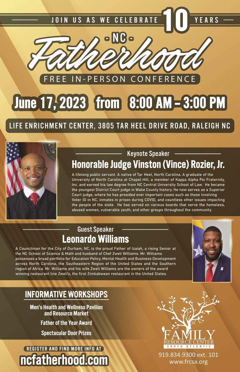 I’m honored to announce that I will serve as Guest Keynote Speaker for the NC Fatherhood Conference 2023! 

Register & Join @JudgeRozier and I as we reignite and empower Fatherhood in our communities. 

#Fatherhood #northcarolina #Raleigh #trianglenc