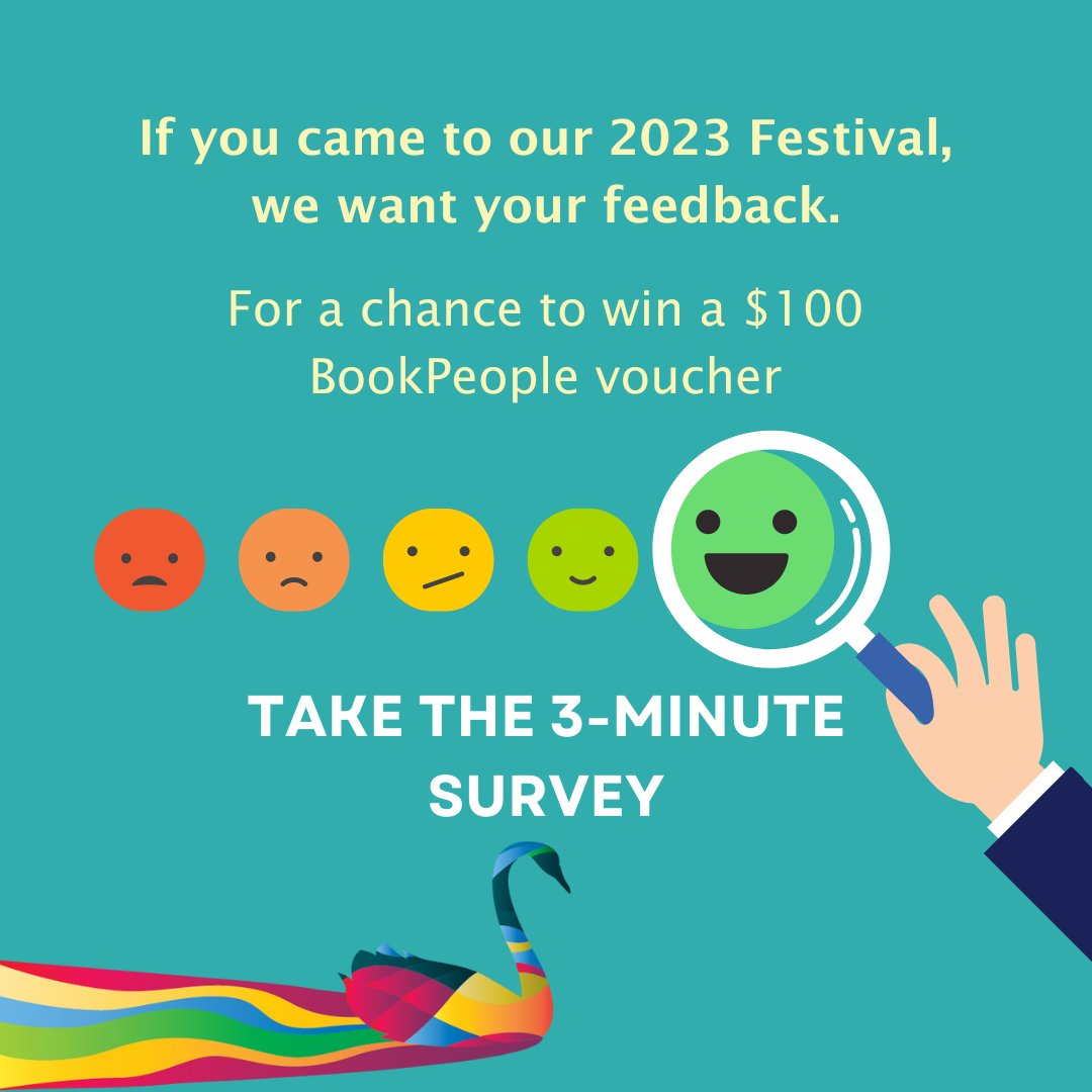 If you came to our 2023 Festival, we want your feedback. For a chance to win a $100 BookPeople voucher, please take our 3-minute survey. Click here: forms.gle/qrAt2ZJf4n8ndF…