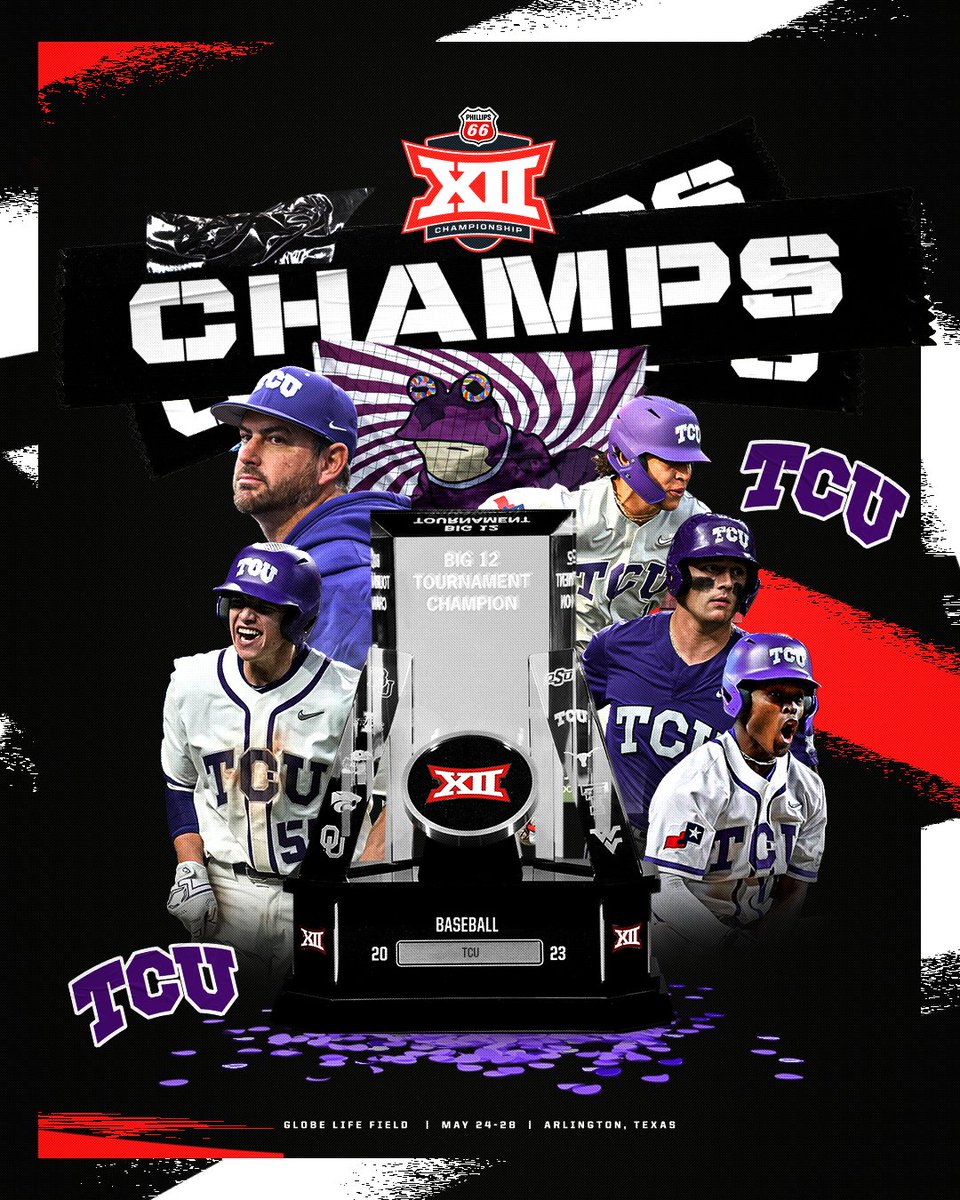 𝗕𝗜𝗚 𝟭𝟮 𝗖𝗛𝗔𝗠𝗣𝗦. ⚾🏆 @TCU_Baseball The Horned Frogs capture the 2023 @Phillips66Gas Baseball Championship at @GlobeLifeField going 4-0 on the week & scoring the most Runs in Championship History.🐸 #Big12BSB x @Phillips66Gas