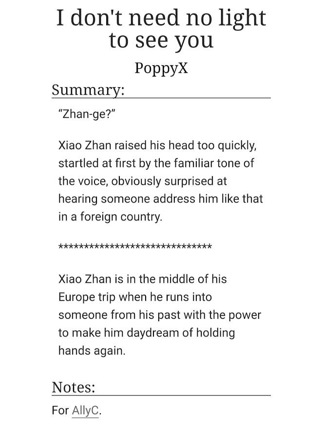 #bjyx_exchange2023 3rd day reveals!

I don't need no light to see you by <a href="/suibiansfate/">🔸Cami🔸</a>
archiveofourown.org/works/47253763

XZ is in the middle of his Europe trip when he runs into someone from his past with the power to make him daydream of holding hands again.
