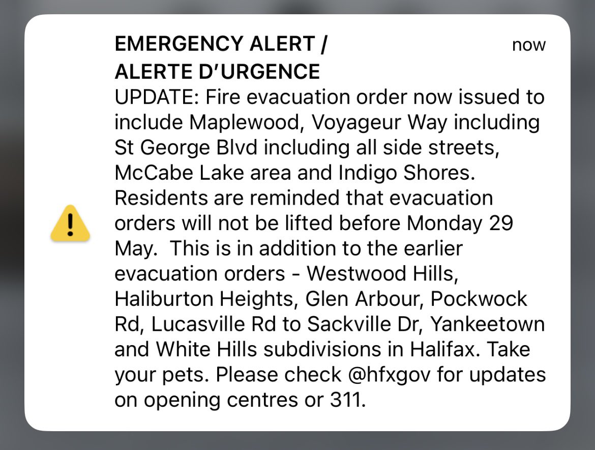 Update: fire evacuation order now issued to include Maplewood, Voyageur Way including St. George Blvd area including all side streets, McCabe Lake area and Indigo Shores. Evacuation orders will not be lifted before Monday. Take your pets. Check <a href="/hfxgov/">hfxgov</a> for updates.