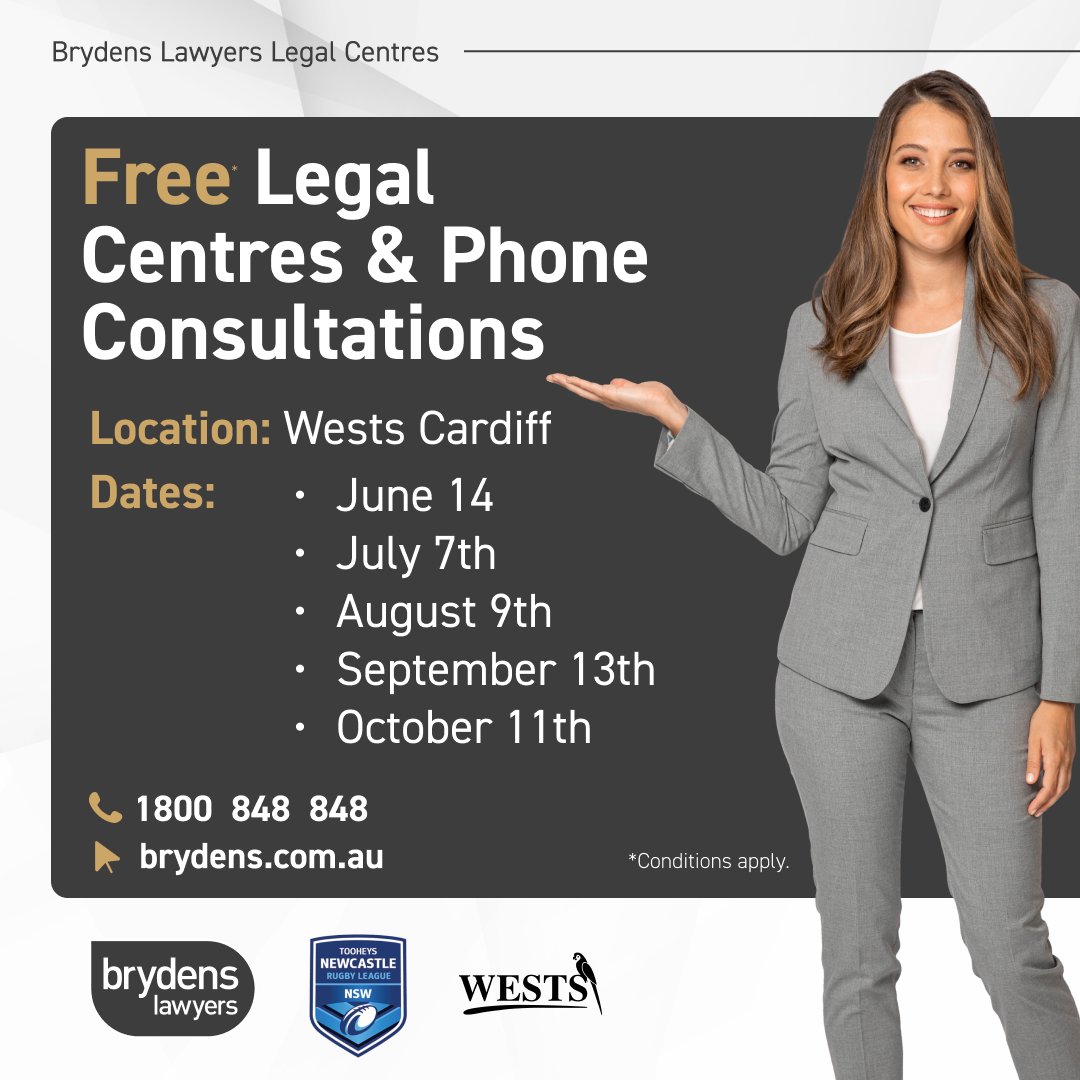 Newcastle Rugby League (@newcastle_rl) on Twitter photo Are you in need of legal advice or assistance?
Join us at <a href="/BrydensLawyers/">Brydens Lawyers</a> free* legal centres where their team of expert lawyers will be ready to help navigate your legal concerns. Contact Brydens Lawyers on 1800 848 848 #BrydensLawyersWEDO #Newcastle #RugbyLeague #LegalAdvice Are you in need of legal advice or assistance?
Join us at <a href="/BrydensLawyers/">Brydens Lawyers</a> free* legal centres where their team of expert lawyers will be ready to help navigate your legal concerns. Contact Brydens Lawyers on 1800 848 848 #BrydensLawyersWEDO #Newcastle #RugbyLeague #LegalAdvice