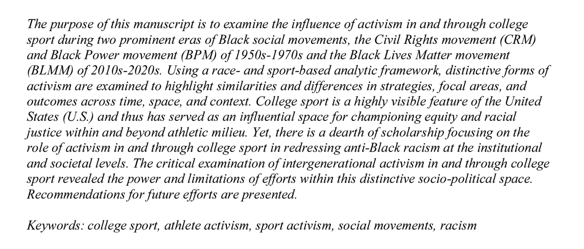 SI Article:

Intergenerational Activism in College Sport: A Critical Examination of the Civil Rights, Black Power, and Black Lives Matter Movement Eras

By Cooper <a href="/JNCoop05/">Joseph Cooper</a>, Keaton <a href="/ajhanaikeaton/">Dr. Ajhanai (AJ) Keaton</a>, &amp; Fine <a href="/drcfine/">Cherese Fine</a> 

csri-jiia.org/wp-content/upl…