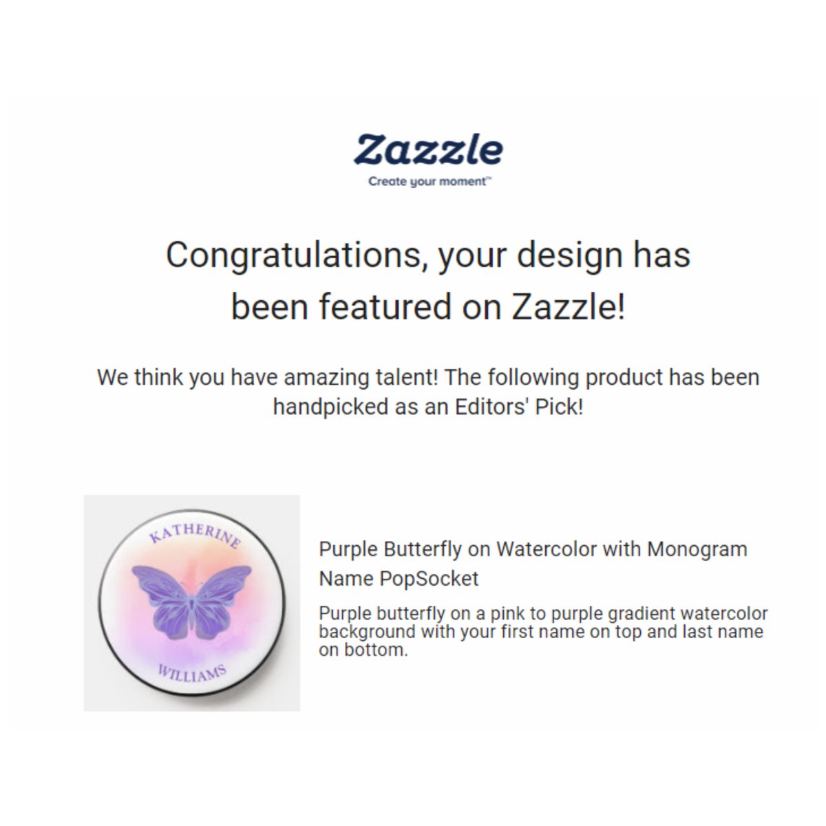 Thanks @Zazzle for the feature!  #zazzlemade #popsocket #butterfly #purple #watercolor #monogram #name #editorspick #holidayhearts #holidayheartsdesigns