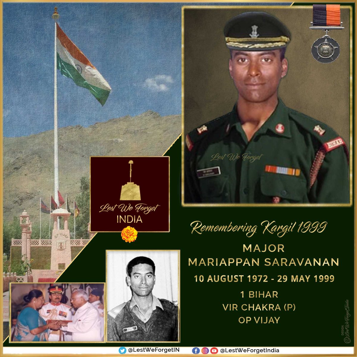 #RememberingKargil
#LestWeForgetIndia🇮🇳 Major Mariappan Saravanan, #VirChakra (P), the #IndianBrave Hero of BATALIK led his men of 1 BIHAR to capture Pt 4268, fought fiercely and laid down his life #OnThisDay 29 May in 1999 #OpVijay #Kargil1999

Major Saravanan was the Company…