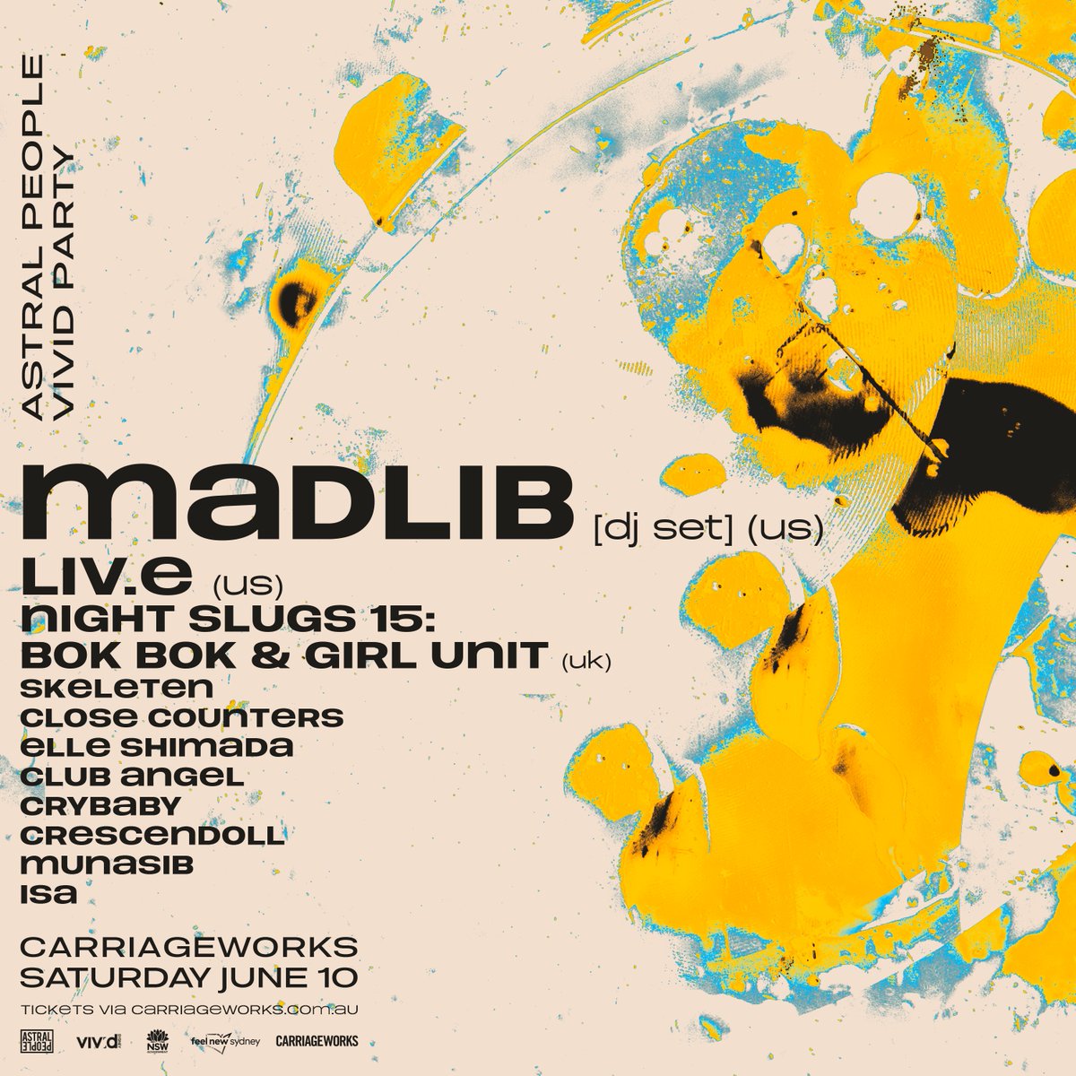 ⚜️ MADLIB RETURNS ⚜️ It is with regret that due to scheduling issues beyond our control, Flylo won’t be able to perform at our Vivid party next month. but we've locked in the beat konducta madlib All existing ticket holders have been communicated with by Carriageworks 🤝