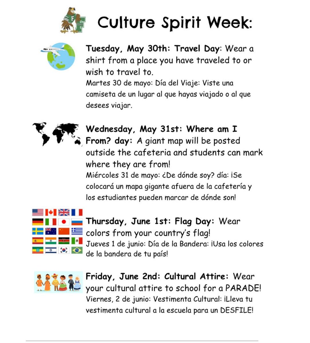 Hey Falcons don't forget this week is Culture Spirit week to get us into Spirit for cultural night on Friday!@ForestdaleES