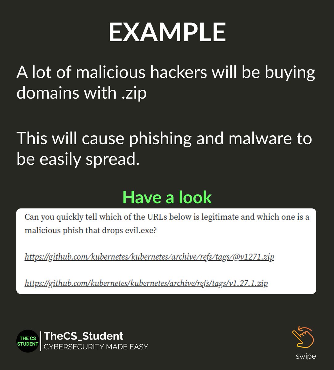 TheCS_Student's tweet image. 🔐 Navigating the digital world requires constant vigilance - now more than ever. Recent times have seen the release of .ZIP domains, this means a higher risk of phishing attacks and malware spread, making the web a potentially treacherous terrain. 🎣💻🐛