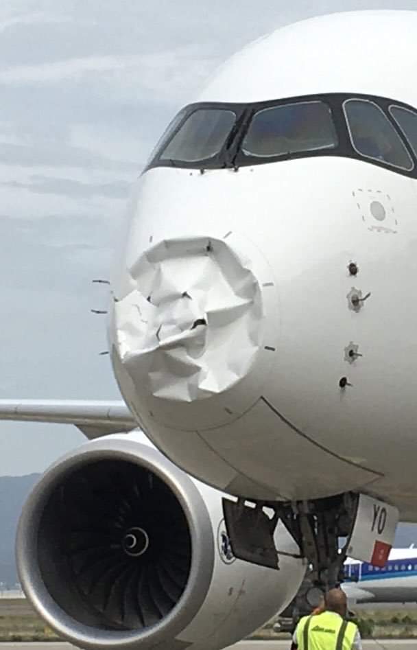 CockpitChatter's tweet image. Air France A350 got its nose punched today in Japan. AF291 from Osaka to Paris had a bird/s on the climb out.   Half an hour later they declared an emergency, after realizing that there were malfunctioning systems.
AIRBUS A350-941MSN 
Reg.  F-HTYO
Serial number 546