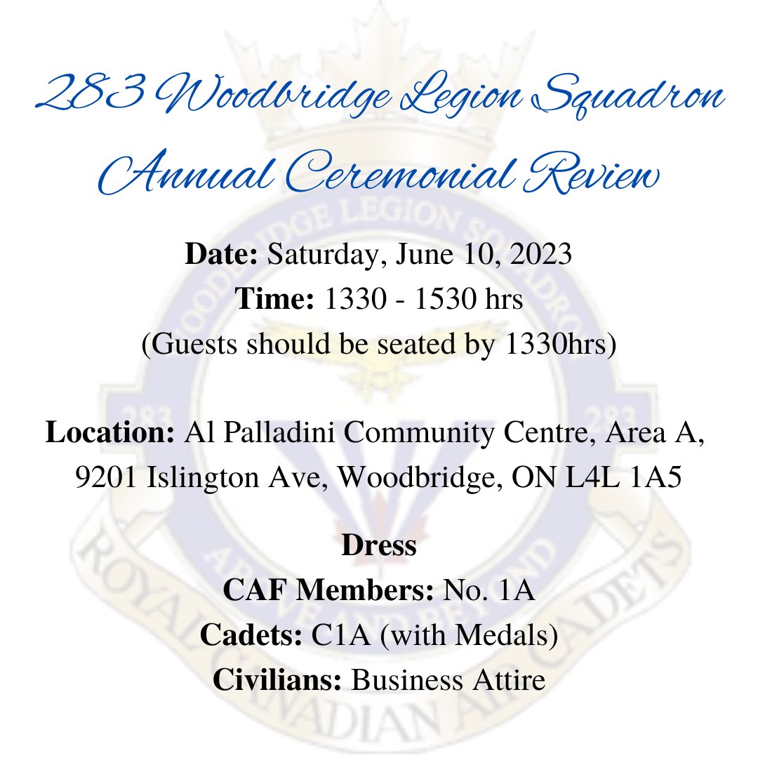 We welcome all our Cadet Families, Friends and Alumni to our 79th Annual Ceremonial Review on Saturday June 10th.

Looking forward to seeing you there!

#AirCadets #Cadets #AnnualCeremonialReview #ACR #RoyalCanadianAirCadets #Youth #Vaughan #Maple #Woodbridge #Kleinburg