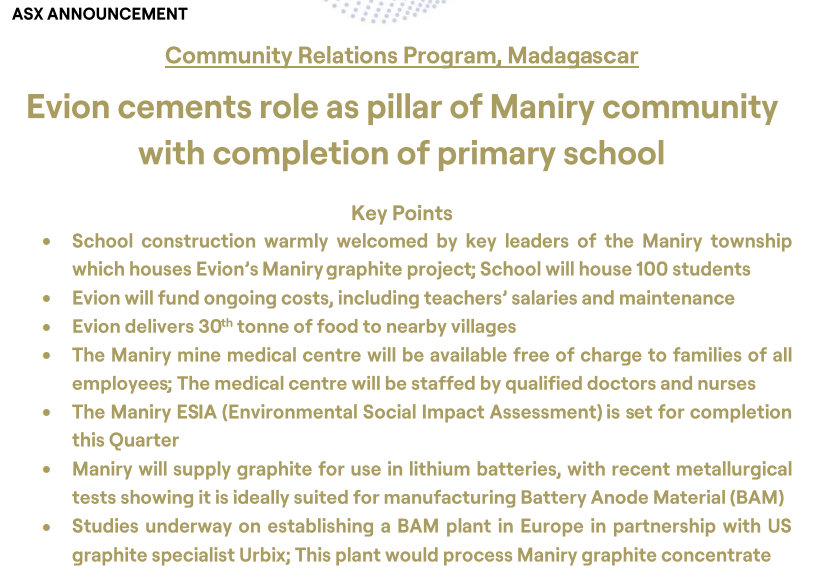 ReadCorporate's tweet image. .@EvionGroup completes construction of primary school in Madagascar and delivers its 30th tonne of food to villagers. The company is a key member of the #Maniry community, home to its #graphite project.

ow.ly/u0sC50OyITC

#EVG #community #investors #ASXNews