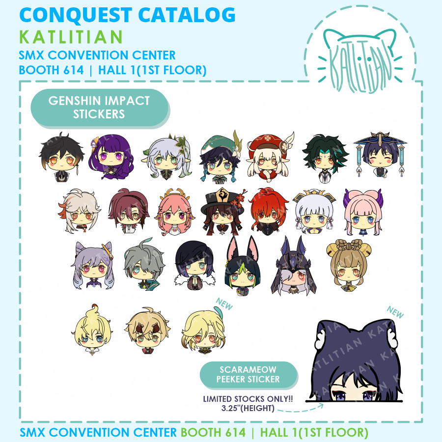 katlitian's tweet photo. {RTs are very much appreciated🙏}

My catalog for #Conquest2023 @CONQuestPHL

Located at HALL 1 (FIRST FLOOR) BOOTH 614!

🌟 Genshin Impact
        ✨Kaveh(NEW)
🌟 Honkai: Star Rail(NEW) Stickers &amp; Keychain
🌟 Anime Sticker Packs
🌟 Valorant Agents Stickers &amp; Keychains
[1/2] https://t.co/m6Fwu5Jw3p