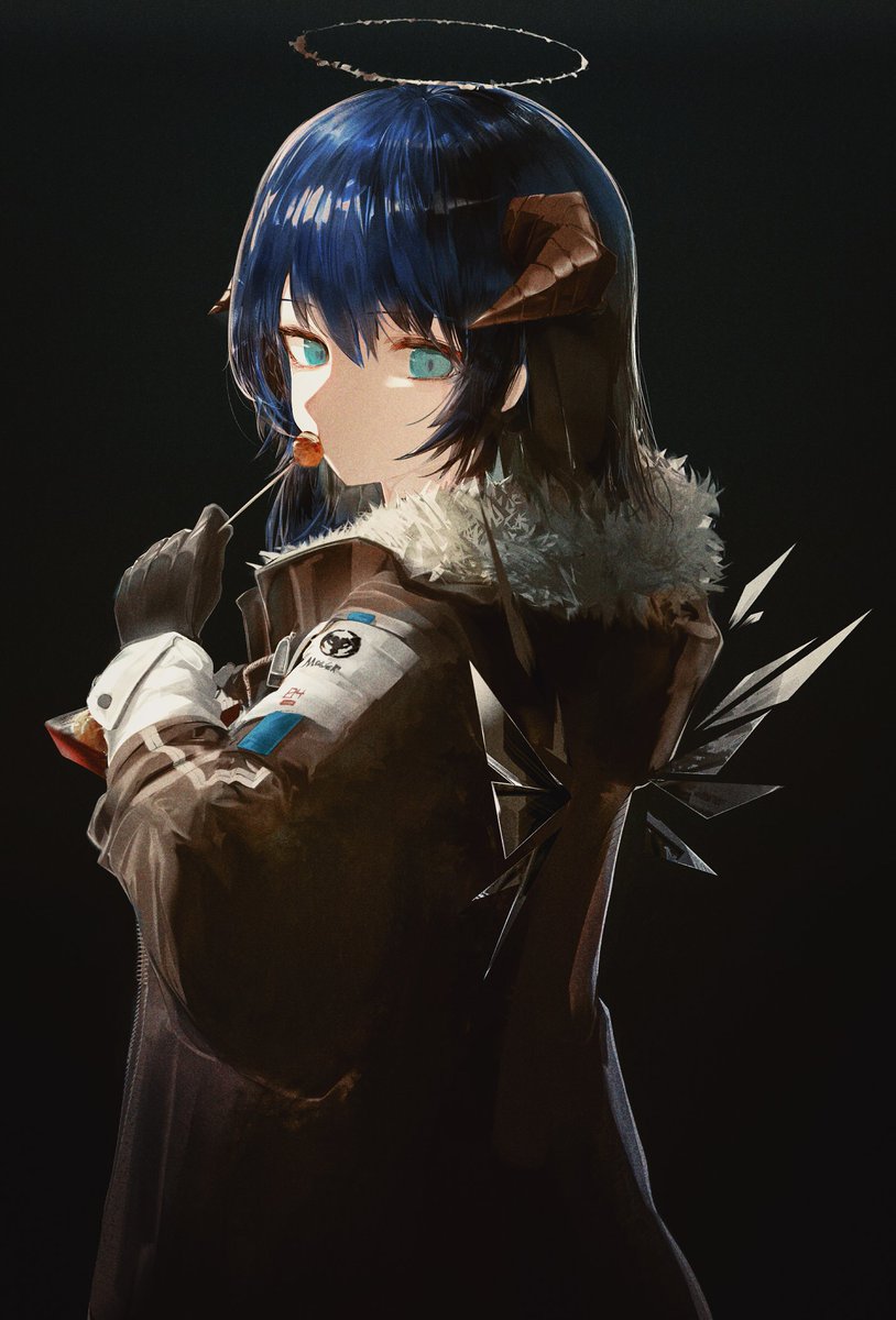 mostima (arknights) 1girl halo horns food solo gloves blue hair  illustration images