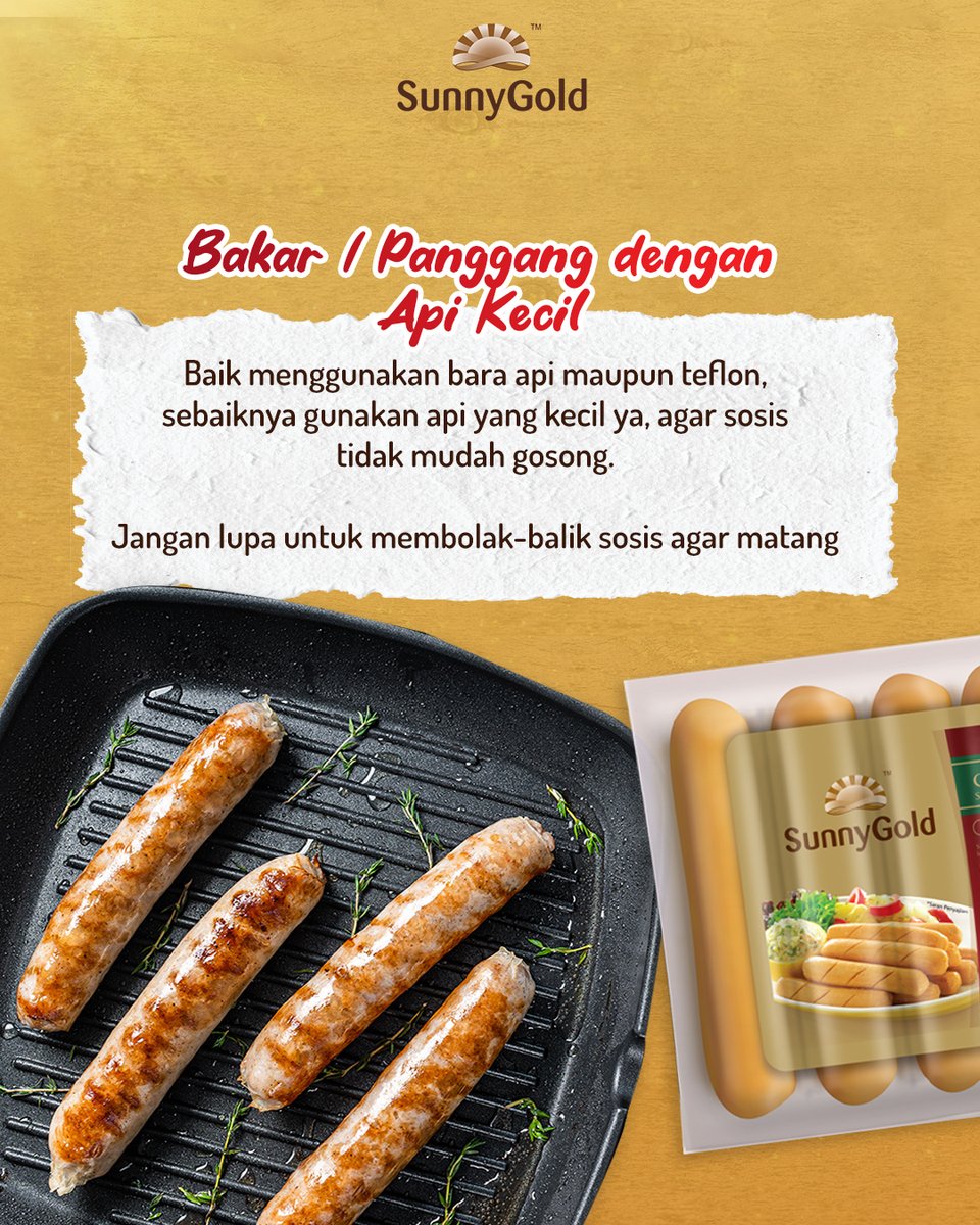 SunnyGoldID's tweet photo. Golden Friends hobi makan sosis bakar?
Daripada beli, mending bikin sendiri yuk di rumah!
Mimin punya tips bikin sosis bakar yang juicy dan bumbunya meresap sempurna. Golden Friends pasti sukaa!👌
#SunnyGold #ExtraJuicyLessOily #GoldenTaste https://t.co/vfsZnP79zL