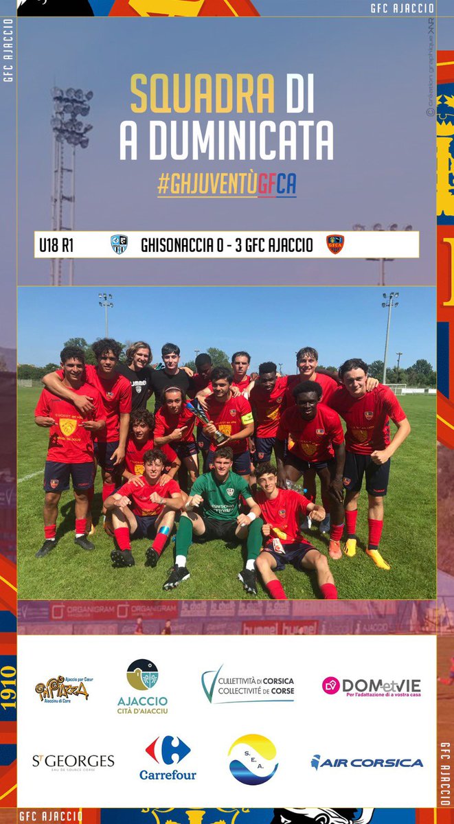 gfc_ajaccio's tweet photo. 𝙍𝙄𝙎𝙐𝙇𝙏𝘼𝙏𝙄 𝘿𝙄 𝘼 𝘿𝙐𝙈𝙄𝙉𝙄𝘾𝘼𝙏𝘼

Eccu, i risultati di a duminicata ! 🔴🔵
Mettimu a l'onore i nostri U18 pà u so titulu ! 🔴🔵

Forza Ghjuventù ! 🔴🔵

#Ghjuventù #GFCA #Avvena https://t.co/SIhy0DbdDY