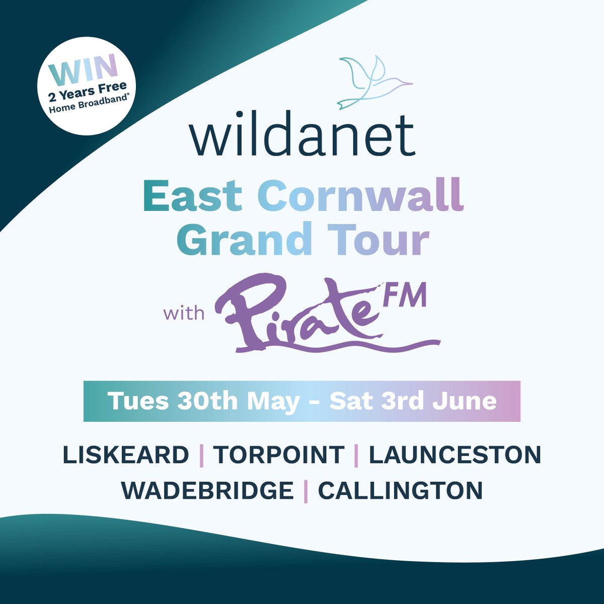 The Wildanet East Cornwall Grand Tour with @piratefm is starting tomorrow! Join us between 10.30am - 4pm for a host of fun. Don't forget to enter our fantastic prize draw for your chance to win 2 Years Free Home Broadband. You can enter here: planetradio.co.uk/pirate-fm/comp…