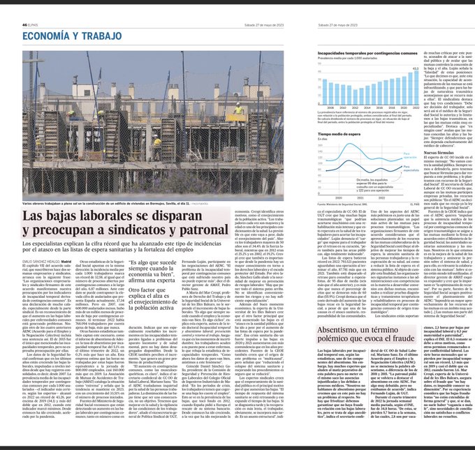 Colaboro en este excelente reportaje de El País dando mi opinión sobre la magnitud y las causas de los récords que está registrando la incapacidad temporal en España y las soluciones apuntadas al respecto en el AENC.
elpais.com/economia/2023-…