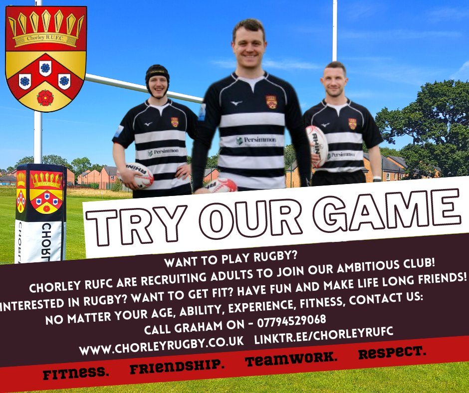 🏉 TRY OUR GAME 🏉
Chorley RUFC will be hosting touch rugby in Astley Park Chorley on Thursday evenings at 7-8pm. 
Whether you played last season, not played for years or fancy trying something new, why not come down and join in

#rugby #rugbyunion #chorley #lancashire #northwest
