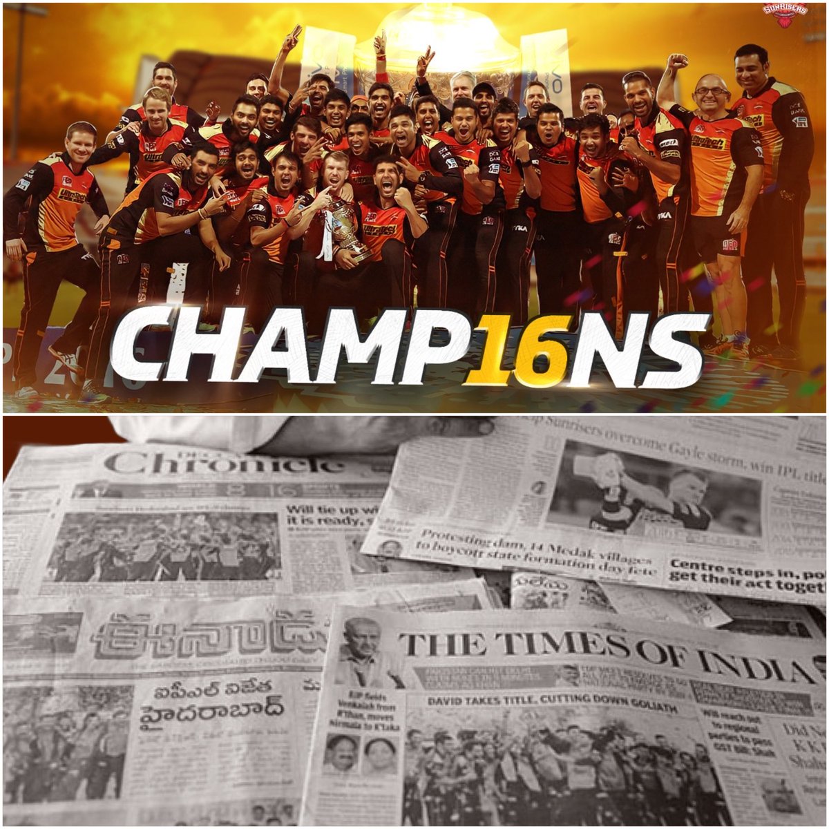 OTD, 7 years ago, 
@SunRisers won the IPL 🏆,
One of the best IPL championship runs ever!
#IPL2016 #IPLFinal