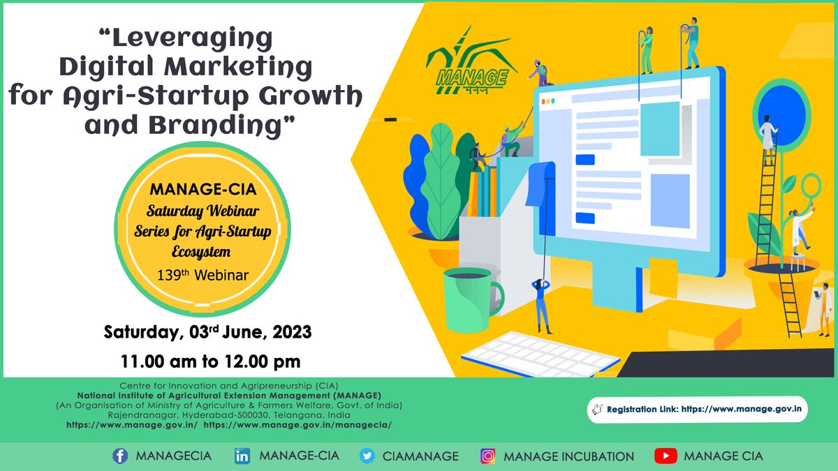 @CiaManage calling #Startups,Aspiring #Agripreneurs & others to join 139th #Webinar on “𝐋𝐞𝐯𝐞𝐫𝐚𝐠𝐢𝐧𝐠 𝐃𝐢𝐠𝐢𝐭𝐚𝐥 𝐌𝐚𝐫𝐤𝐞𝐭𝐢𝐧𝐠 𝐟𝐨𝐫 𝐀𝐠𝐫𝐢-𝐒𝐭𝐚𝐫𝐭𝐮𝐩 𝐆𝐫𝐨𝐰𝐭𝐡 𝐚𝐧𝐝 𝐁𝐫𝐚𝐧𝐝𝐢𝐧𝐠 ”on #Saturday,June 3,2023

𝐑𝐞𝐠𝐢𝐬𝐭𝐞𝐫: 
manage.gov.in/trgModule/emai…
