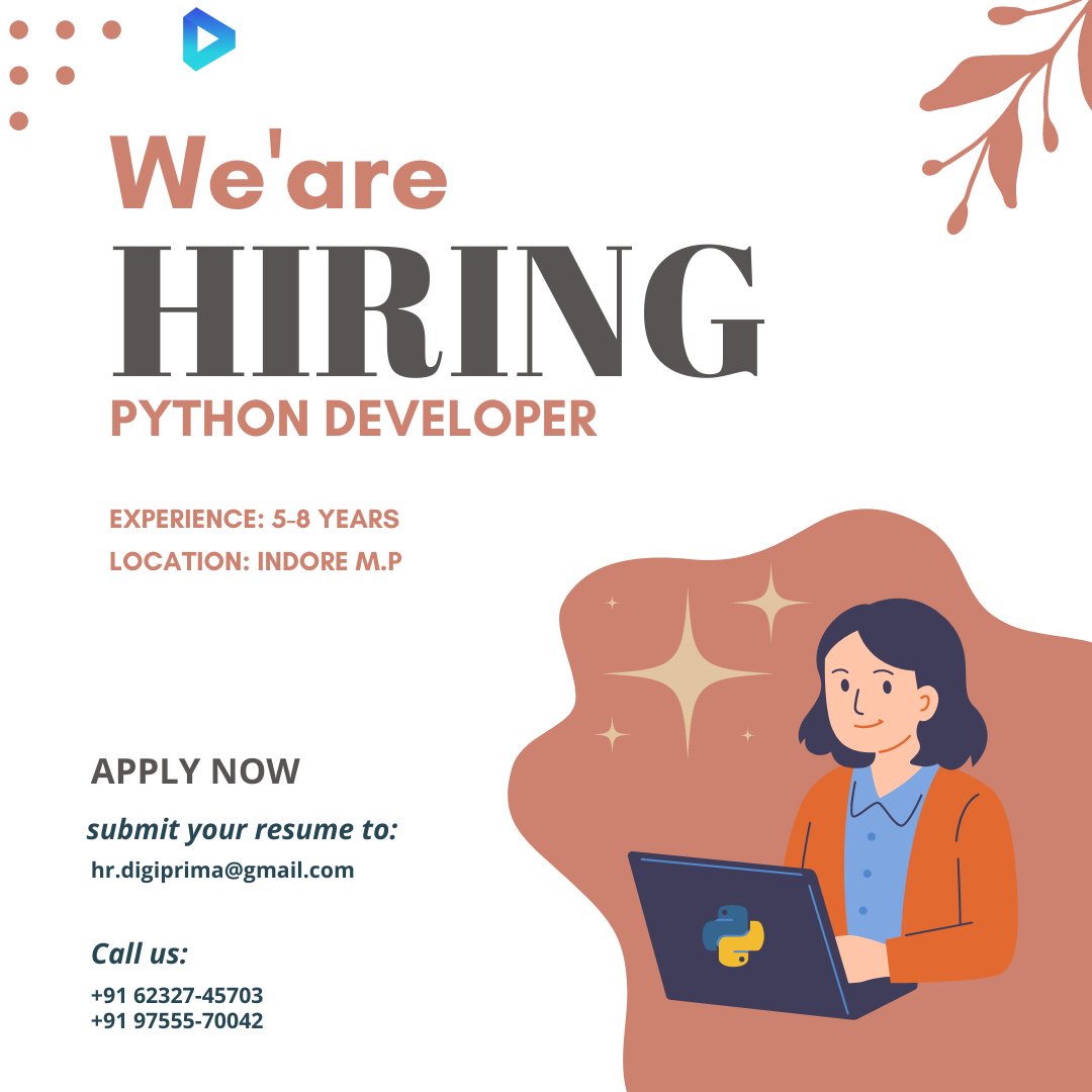 DigiprimaTech's tweet image. Attention Python Developers! We're seeking skilled individuals who are fluent in Python programming and have a knack for problem-solving. 
Send your CV to: hr.digiprima@gmail.com
Or Call:- +91 62327-45703 
#PythonDeveloper #CodingGenius #ProblemSolver #JoinOurTeam #TechProjects