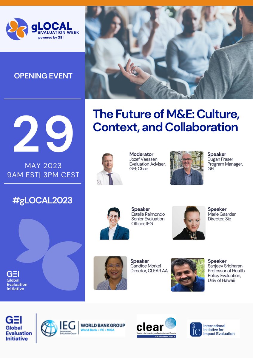 gLOCAL evaluation week kicks off today. Looking forward to connecting and knowledge sharing with M&amp;E professionals across the world. Starting with the opening event at 3pm SAST #evaluation #learning
