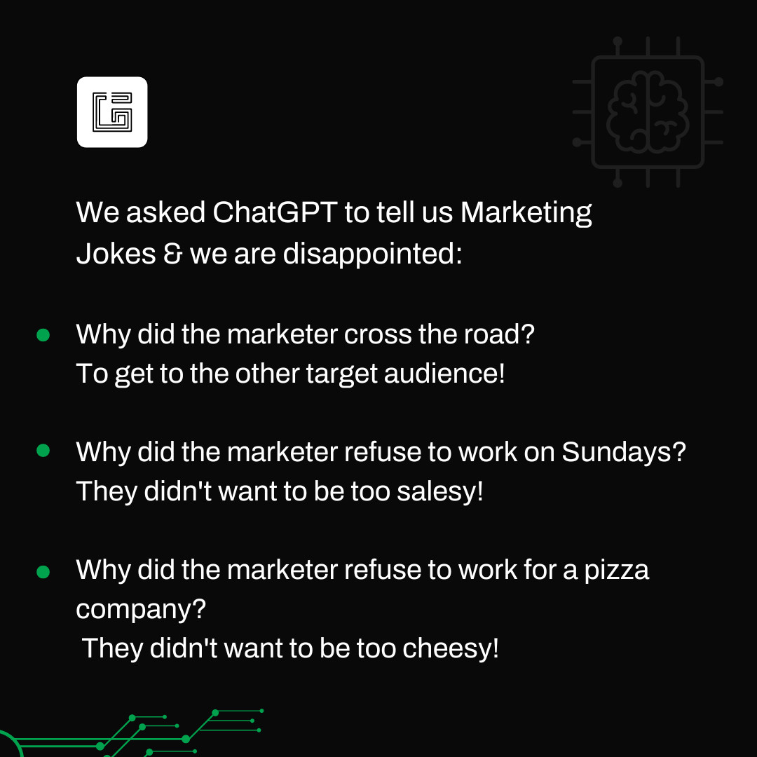 ChatGPT really needs to up it's game!
.
.
.
#MarketingHumor #MarketingMemes #ChatGPT #JokeoftheDay