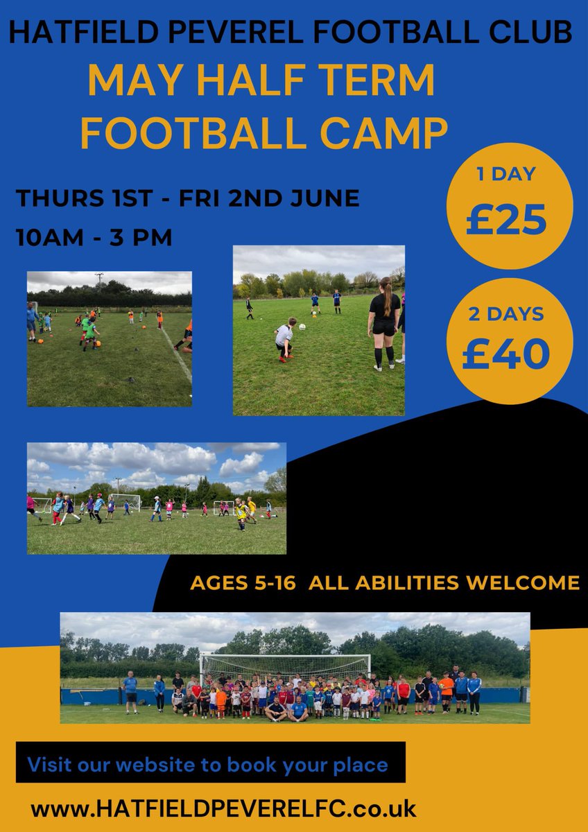 The weather looks great, our pitches are looking fantastic and our coaches have prepared 2 days  of fun activities for our football camp at Hatfield Peverel Fc this Thursday and Friday. 

hatfieldpeverelfc.co.uk/school-holiday…