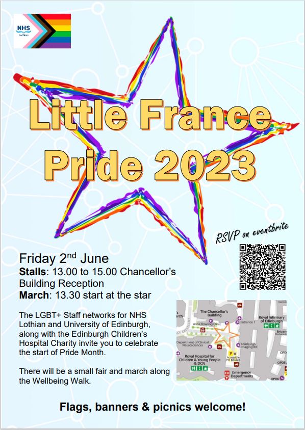 RIE colleagues - get involved and come along to the Little France Pride event on 2nd June! There will be stalls and a march taking place to mark the start of Pride month.  Full details below!  Wards are encouraged to get decorating to help mark the celebration! #pridemonth2023