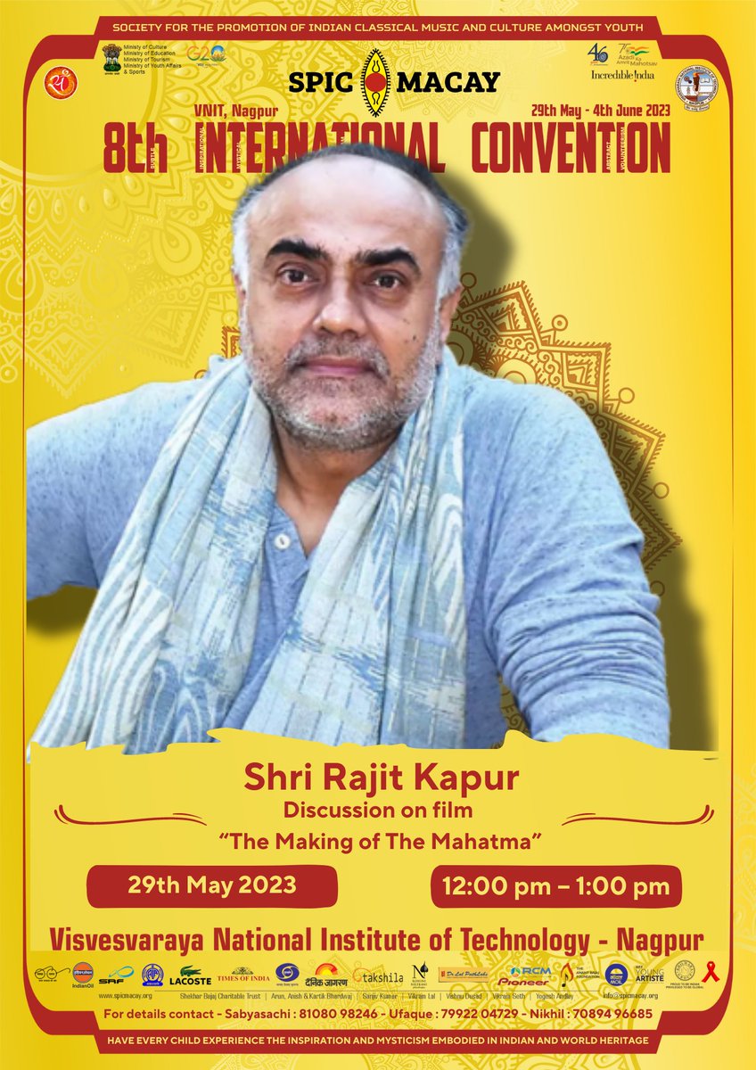 spicmacay's tweet photo. Screening of the film "The Making of the Mahatma" followed by discussion on the film with Shri. Rajit Kapur as part of SPIC MACAY 8th International Convention at @VNITN
#spicmacay #intercon8 #vnitconvention2023 #intcon8 #film #makingofthemahatma https://t.co/Dl50Q86wIr