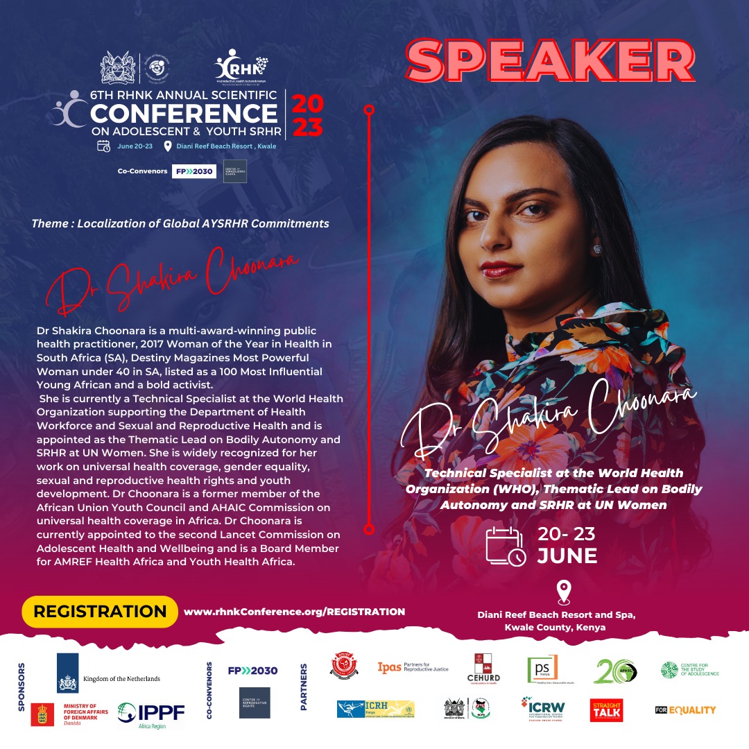 Doc. Shakira Choonara will be speaking at the #RHNKConference2023 she has dedicated her life to improving the lives of young people. Through her work, she has become a catalyst for change, empowering individuals to make informed decisions & ensuring that their rights are upheld.